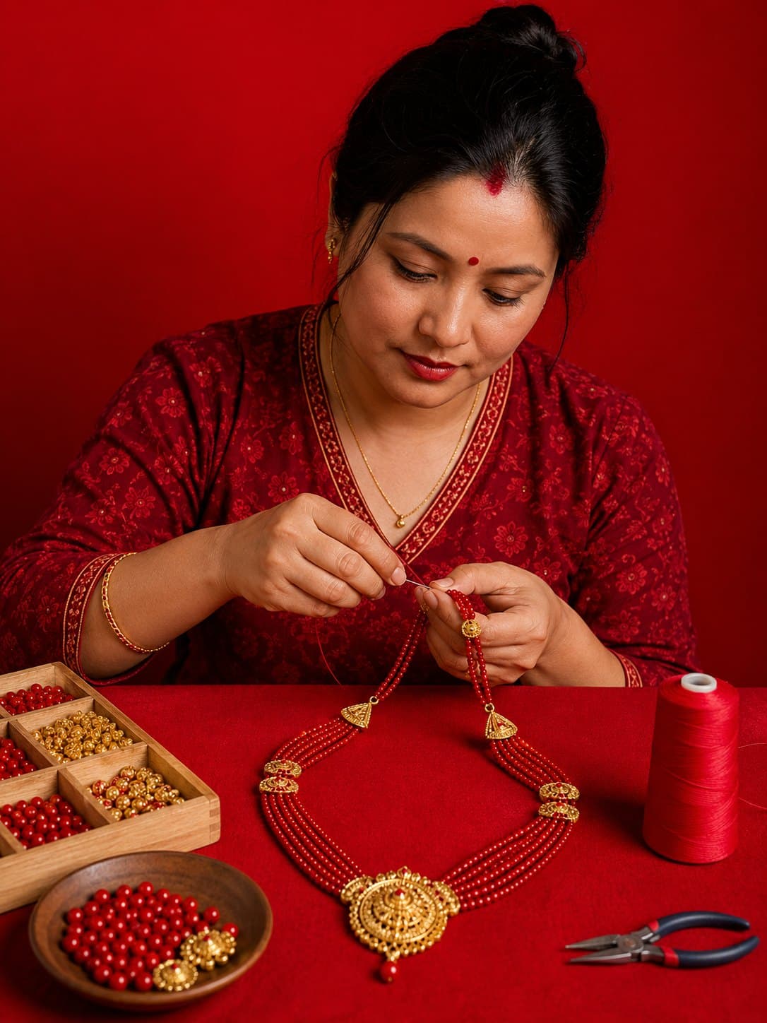 A Bansal Beads artisan stringing a red potey necklace