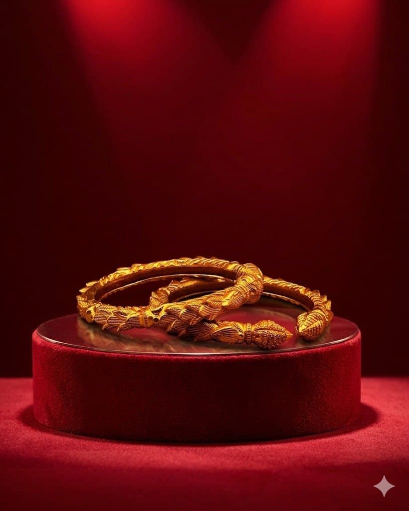Gold bangles on a velvet stand