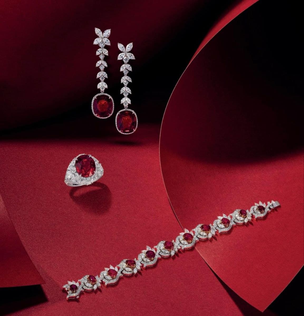 Ruby earrings, ring and bracelet